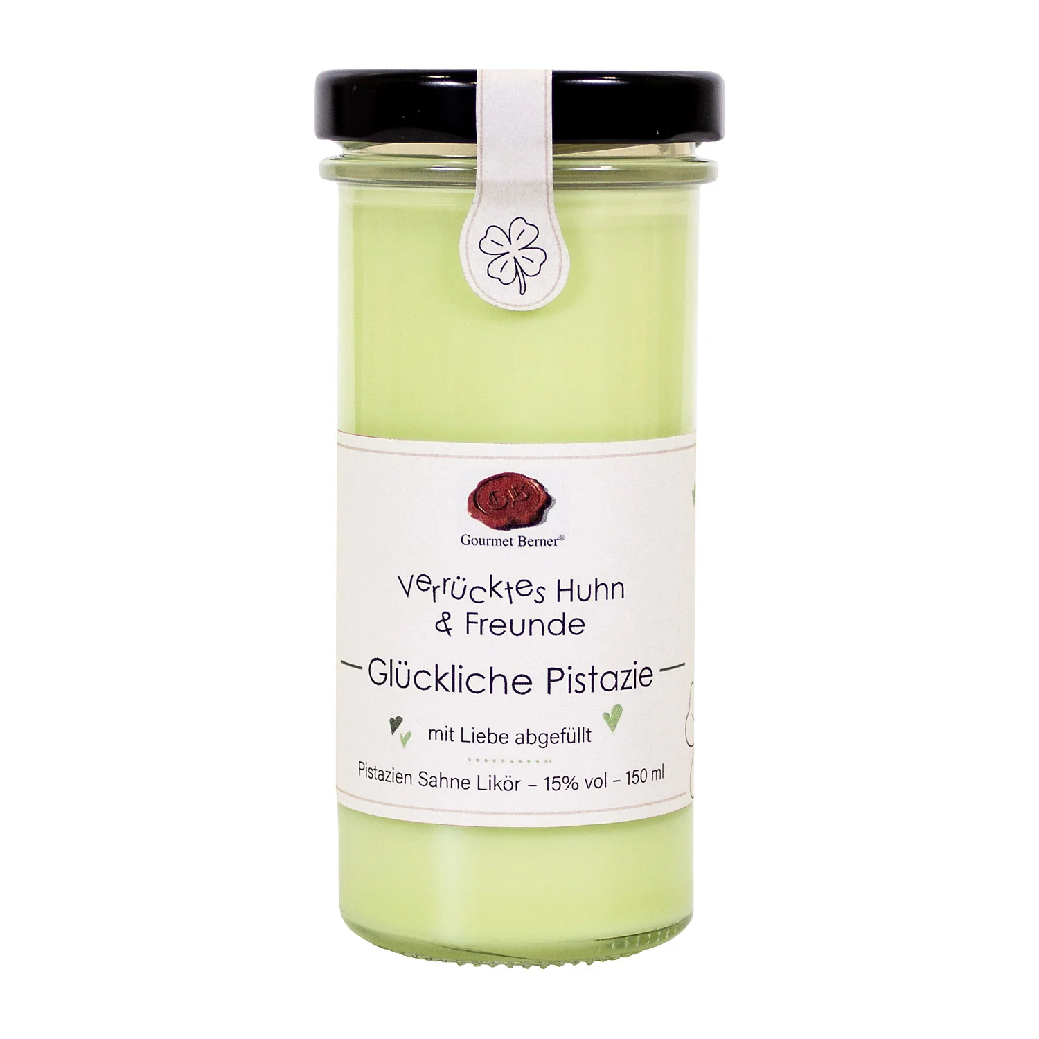 Glückliche Pistazie “Pistazien Sahnelikör” mit Farbstoff, 15%vol.150ml, (im 174ml Twist off Glas)